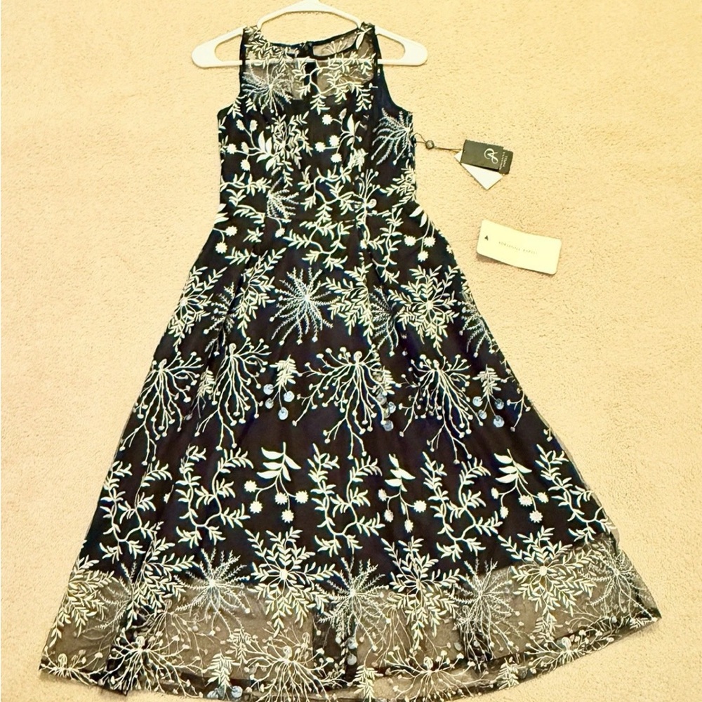 Adrianna Papell Women Black Blue Embroidered Lace Fit Flare Midi Dress Size 0 - Picture 2 of 16